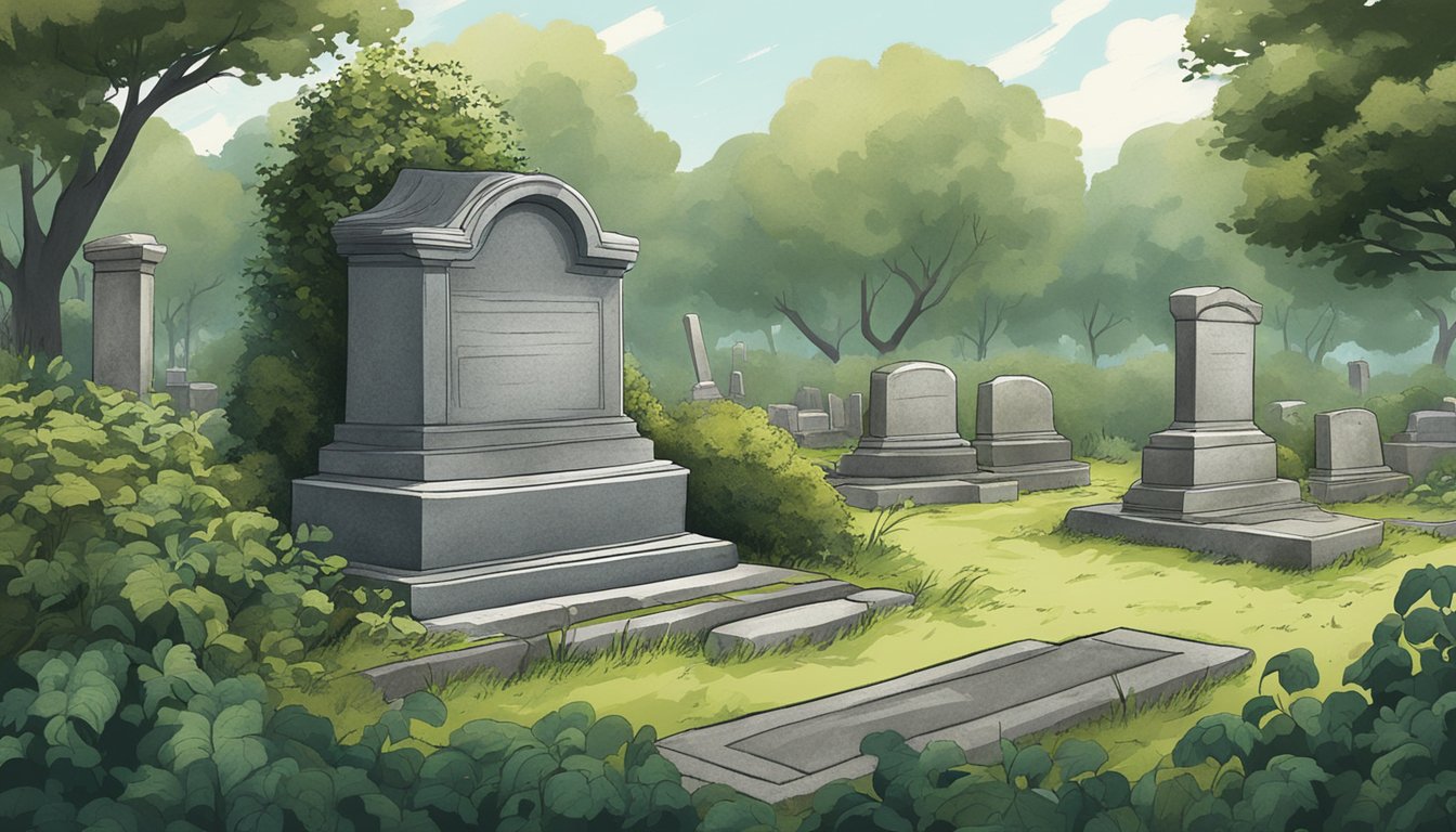 A serene cemetery plot with overgrown foliage and a weathered headstone