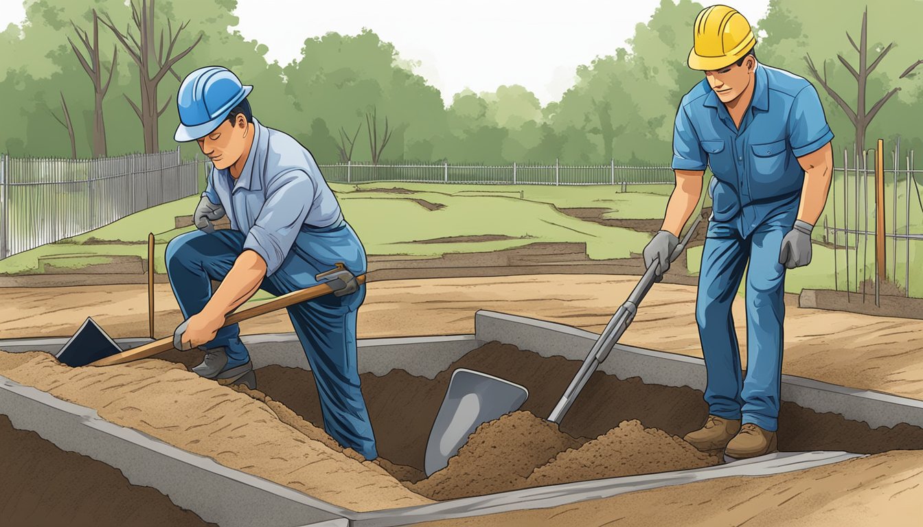 A shovel digs a trench around a grave, as workers install metal edging