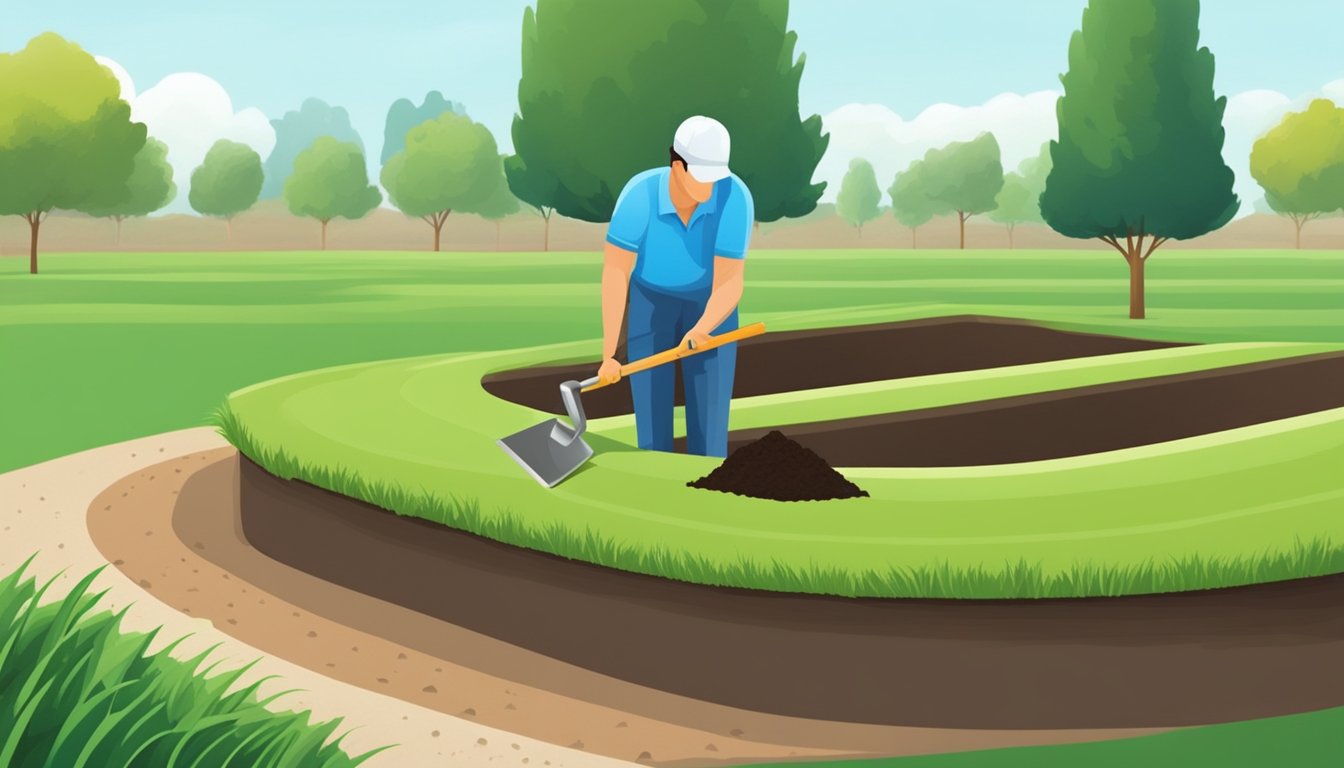 A person using a shovel to maintain and edge a grave plot with fresh soil and neatly trimmed grass