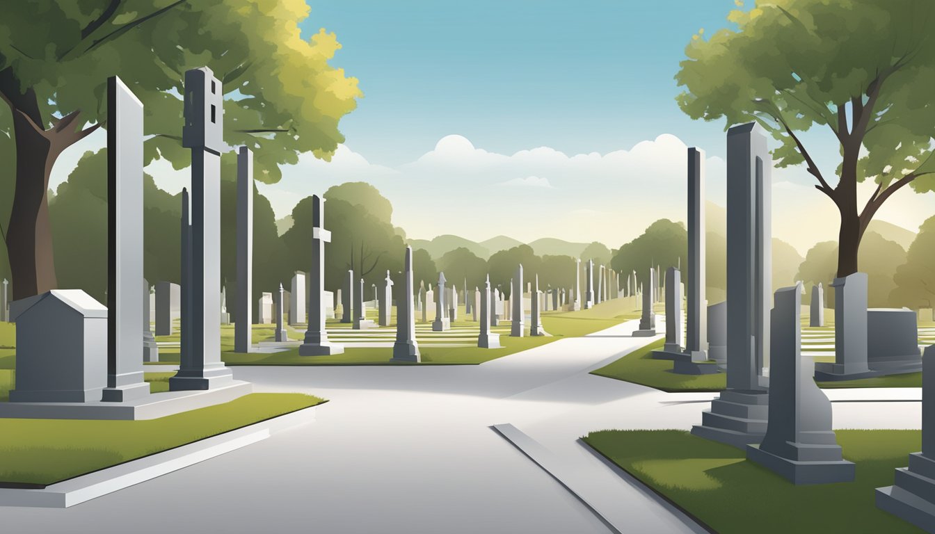 A modern cemetery with sleek, metal grave plot edging surrounding each grave site. The edging is clean and minimalist, adding a contemporary touch to the traditional cemetery landscape