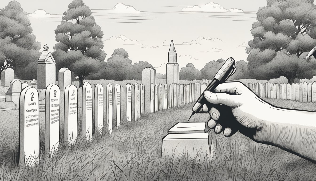 A hand holding a form, with a row of markers and headstones in the background