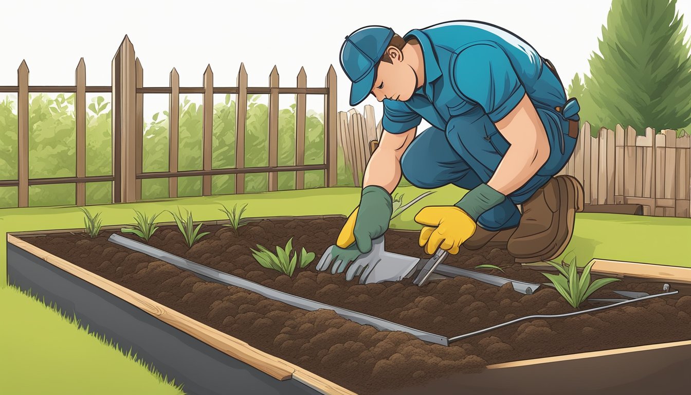 A landscaper carefully measures and installs metal edging around a freshly dug grave plot