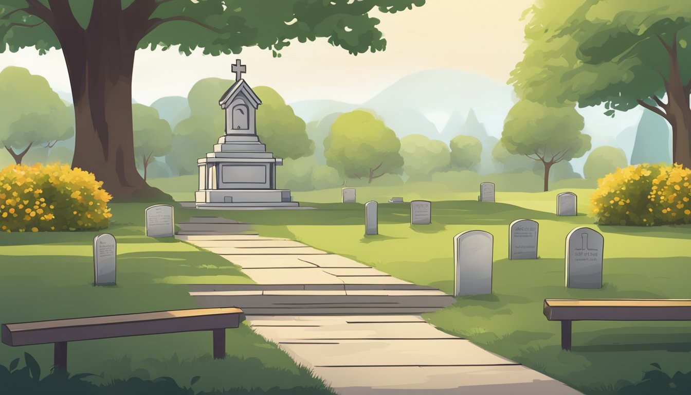 A serene cemetery landscape with a small burial plot application form being filled out at a wooden desk under a shady tree