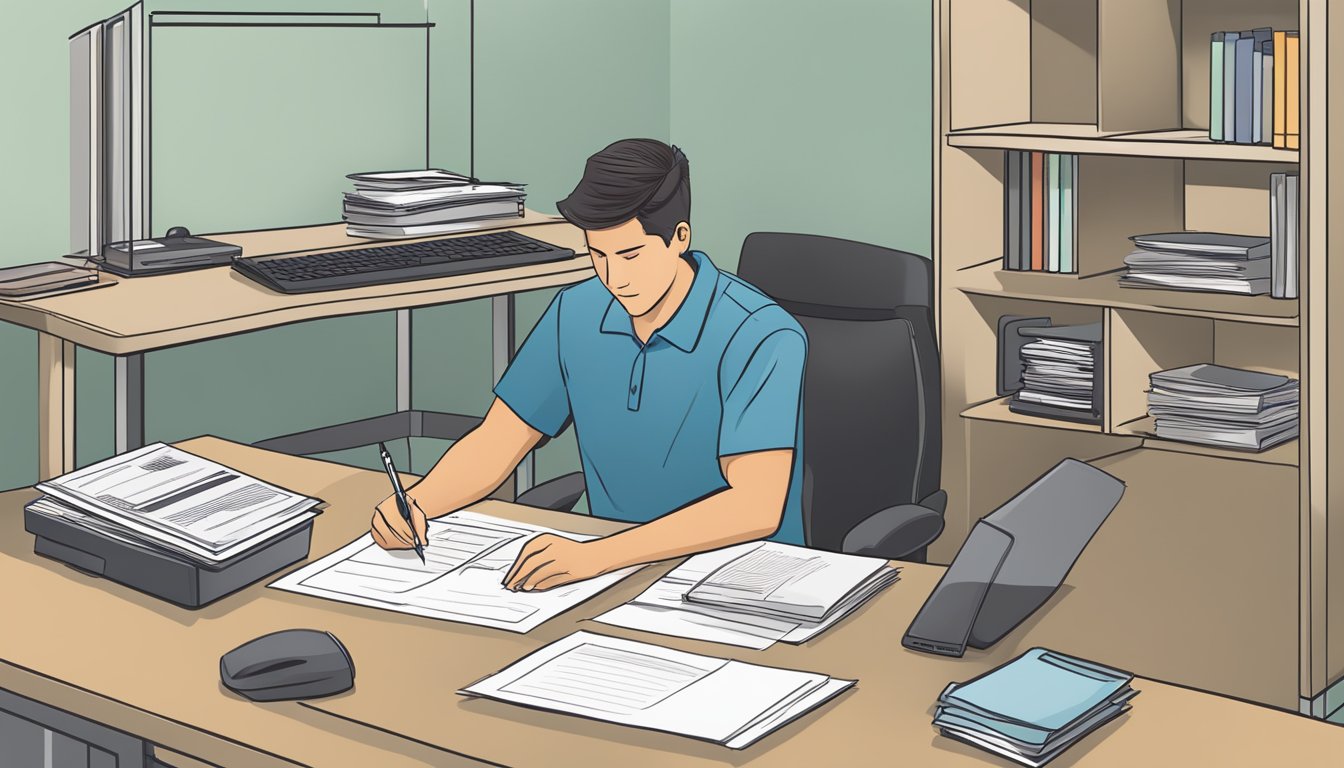 A person filling out and submitting a VA Form 21P-530EZ at a desk with a pen, documents, and a computer