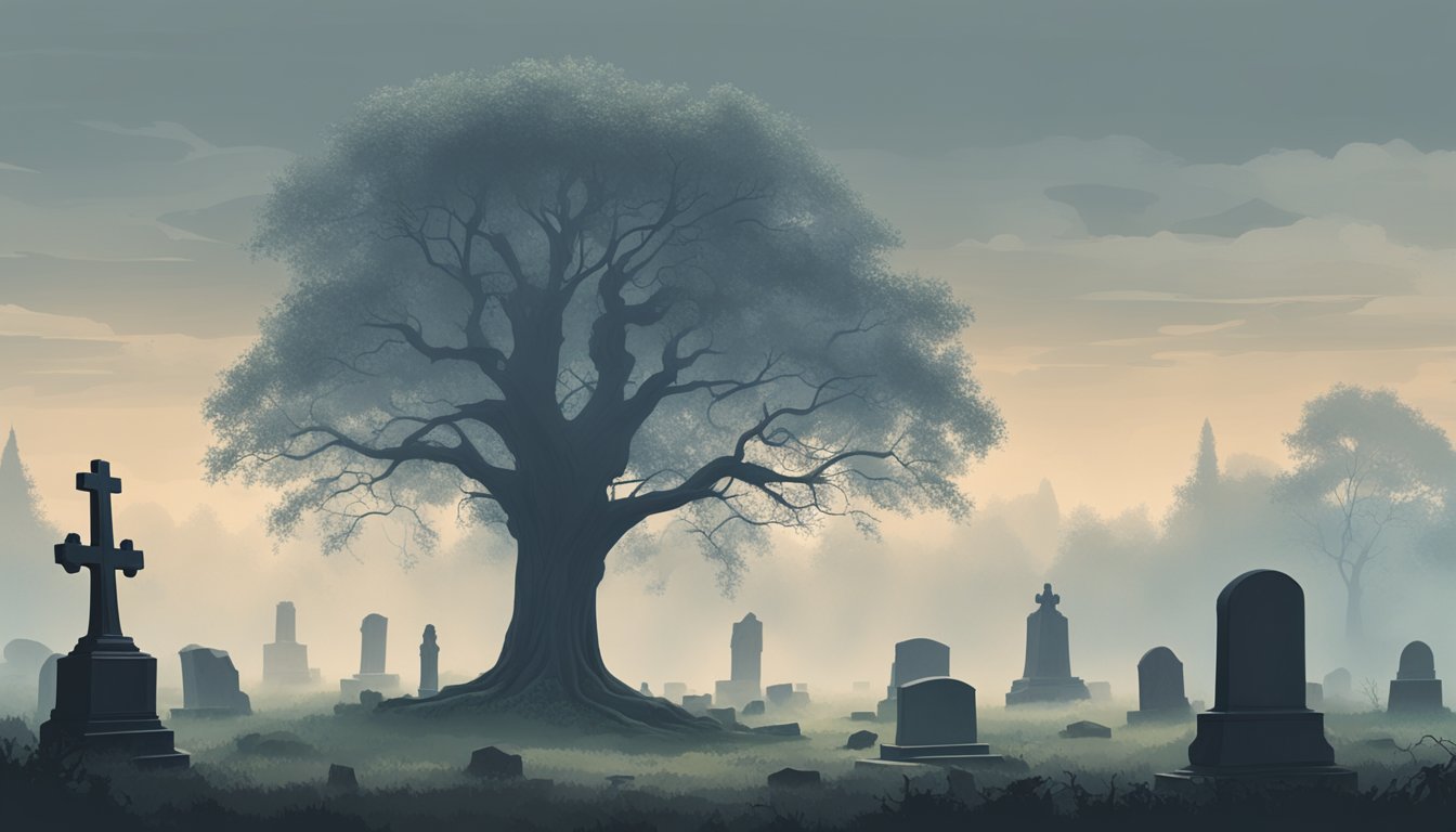 A lone tree stands in a misty cemetery, surrounded by weathered tombstones and overgrown foliage. The atmosphere is somber, with a sense of history and loss