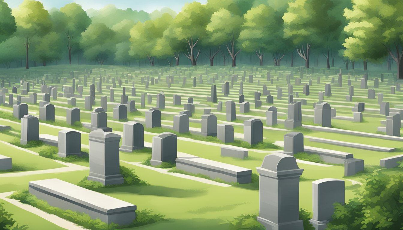 A serene cemetery with rows of burial plots, surrounded by lush greenery and peaceful surroundings