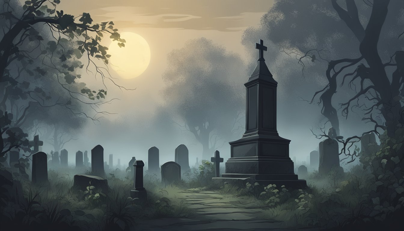 A dark, desolate cemetery with a weathered tombstone surrounded by overgrown vines and eerie mist