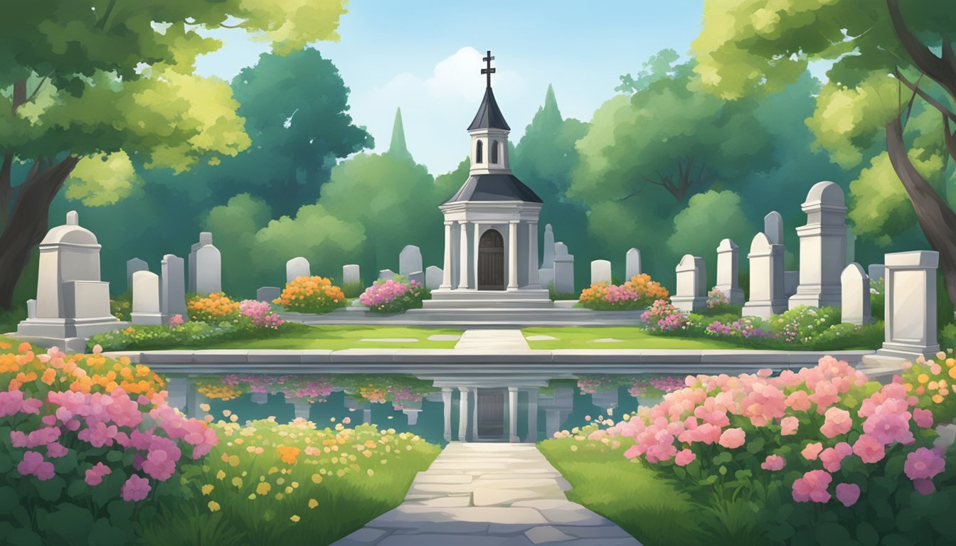 A serene cemetery with rows of headstones, a small chapel, and a peaceful pond, surrounded by lush greenery and flowers