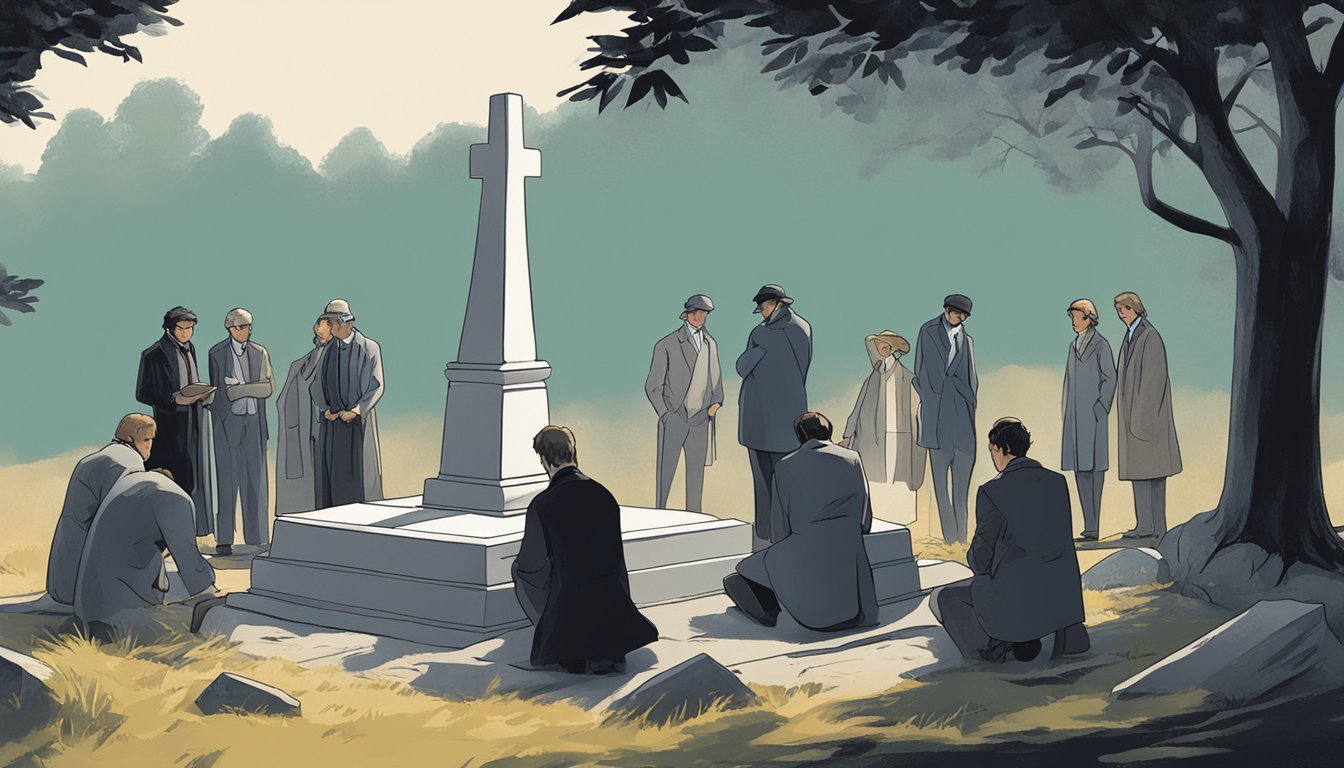 A group of figures gathered around a grave, discussing and analyzing a novel. The setting is somber and reflective, with a sense of contemplation and introspection