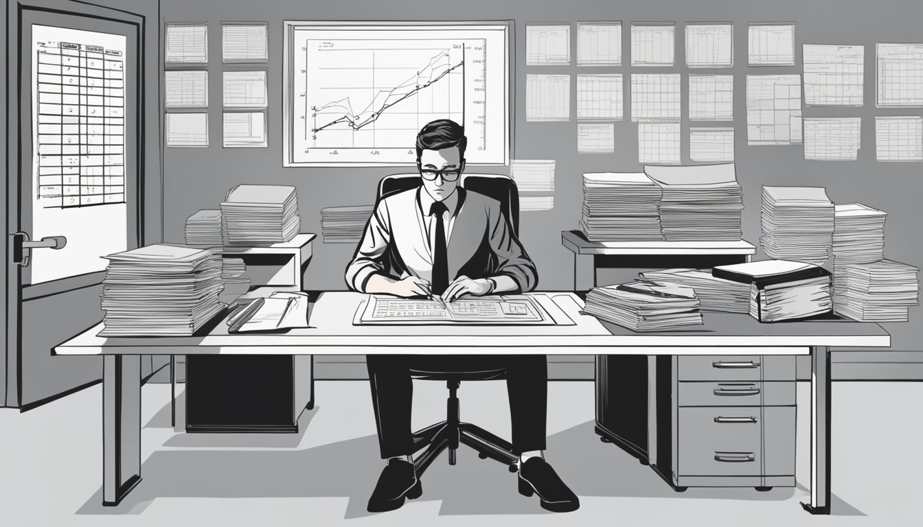 A person sitting at a desk, surrounded by paperwork and a calculator. Charts and graphs on the wall illustrate factors affecting burial plot financing