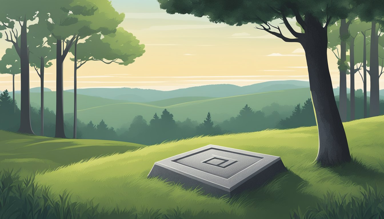 A lone grave atop a grassy hill, marked by a simple headstone, surrounded by a peaceful forest