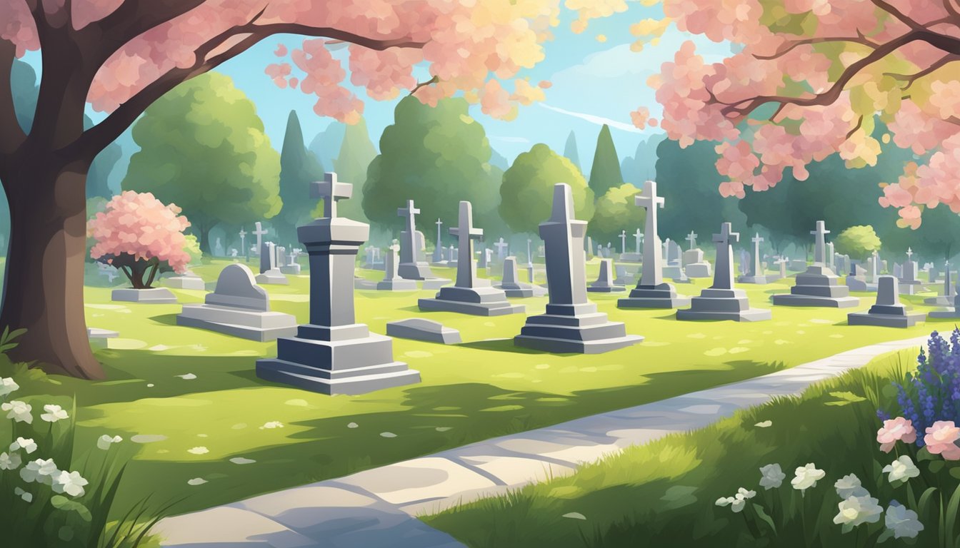 A serene cemetery with well-tended burial plots, adorned with fresh flowers and neatly trimmed grass