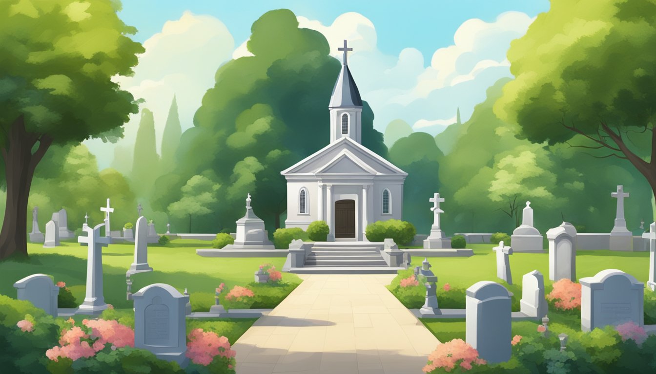 A serene cemetery with a small chapel and rows of gravestones, surrounded by lush greenery and peaceful surroundings