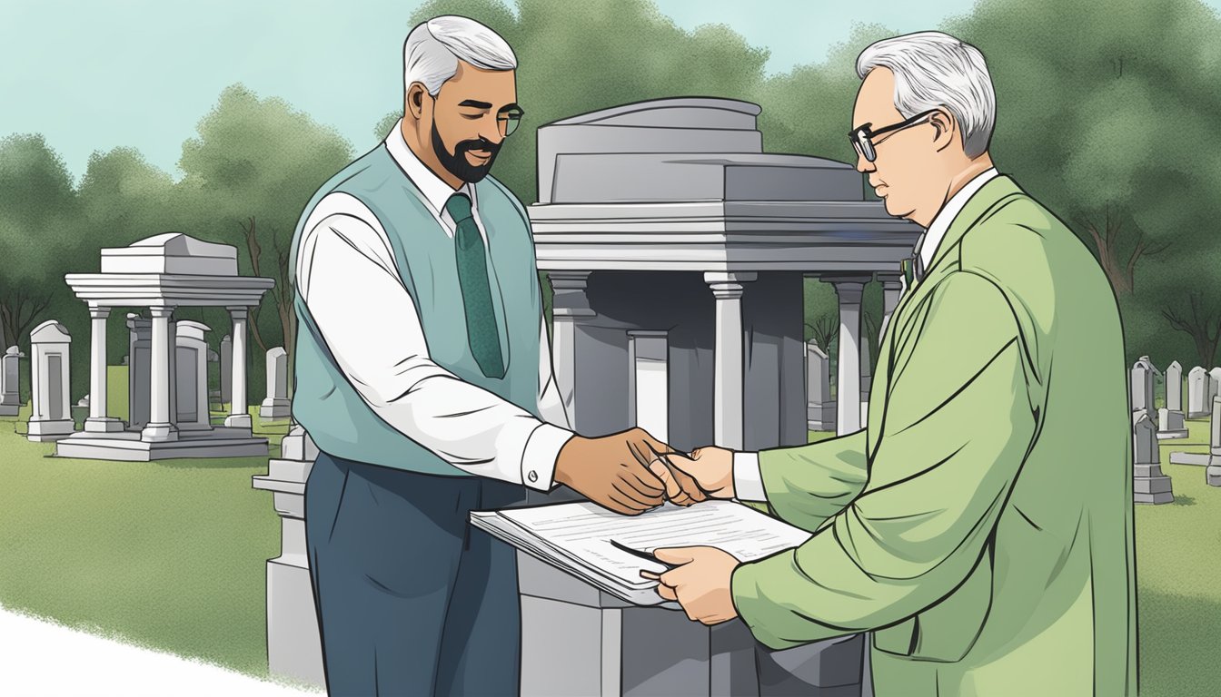 A person signing a document with a cemetery staff member, exchanging paperwork and shaking hands