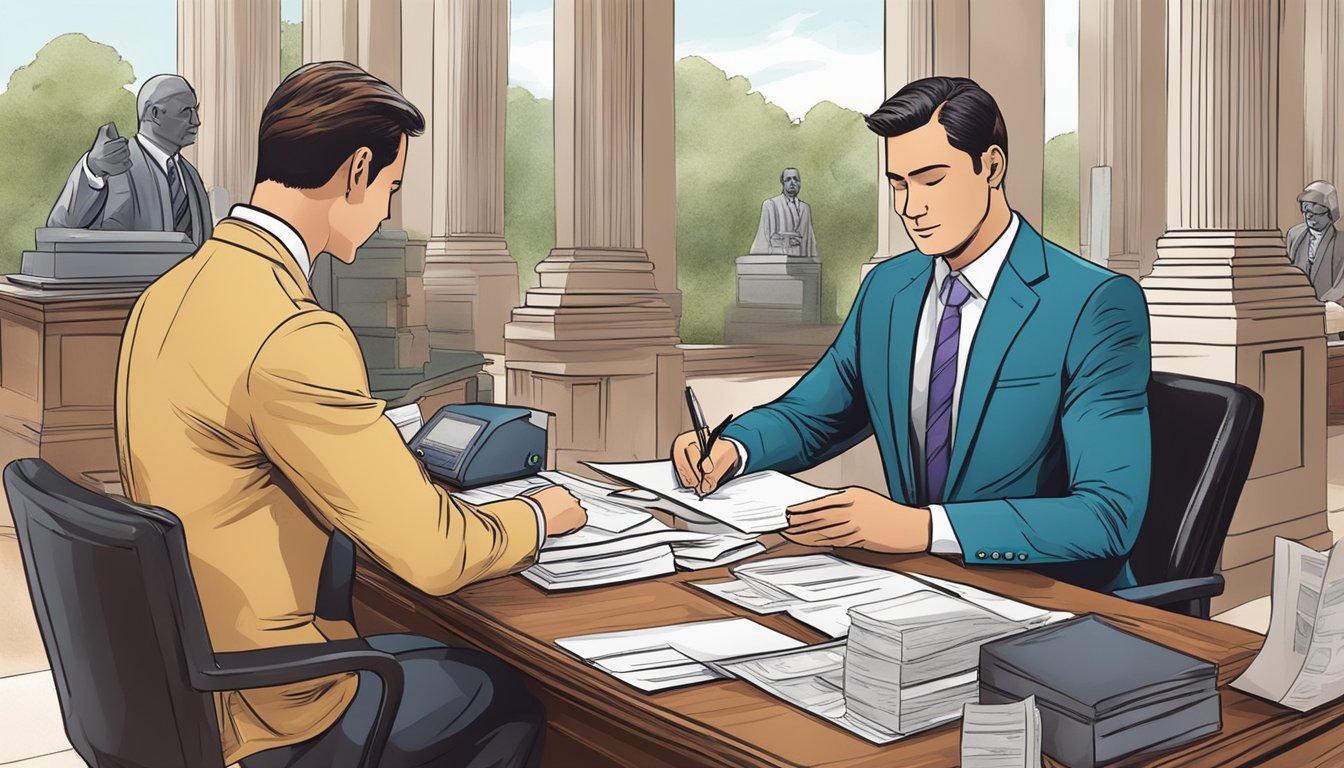 A person signing paperwork at a lawyer's office while exchanging money with a real estate agent at a cemetery