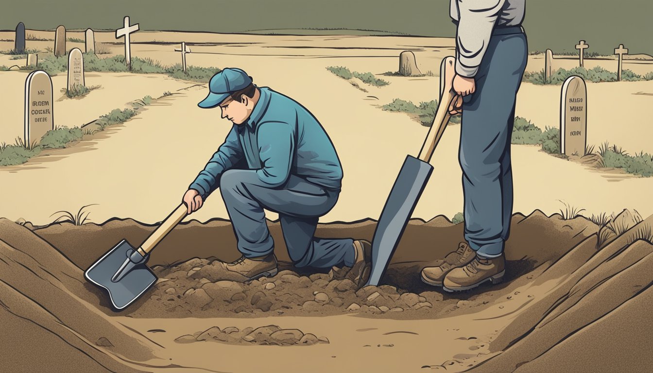 A person holds a shovel and a sign with the old burial plot name. They dig up the sign and replace it with a new one