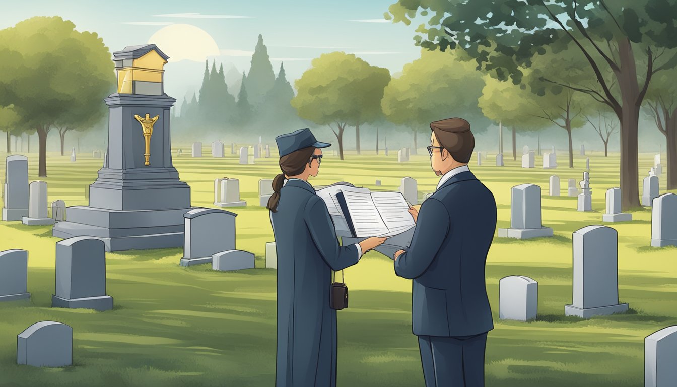 A lawyer presenting legal documents to a cemetery manager for a burial plot name change