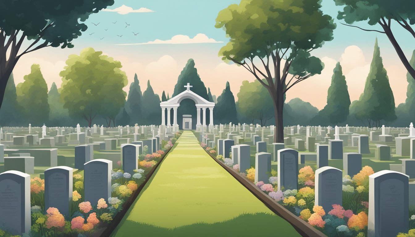 A serene cemetery with rows of burial plots and a peaceful atmosphere, a person considering buying a plot