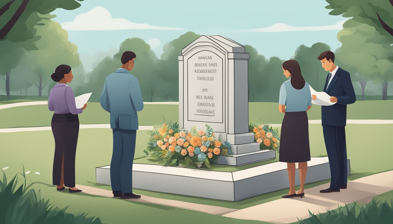 A family standing around a burial plot with a sign being changed. Tension and disagreement evident in body language