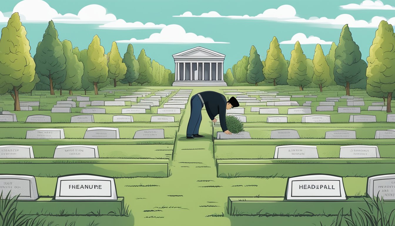 A hand reaches out to change a sign on a burial plot, surrounded by rows of neatly arranged headstones