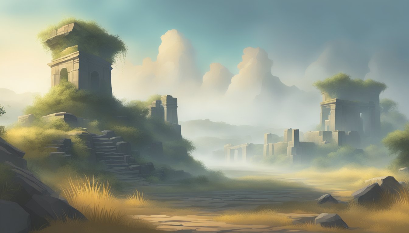 A misty, desolate landscape with ancient ruins and overgrown vegetation. A sense of mystery and forgotten history permeates the scene