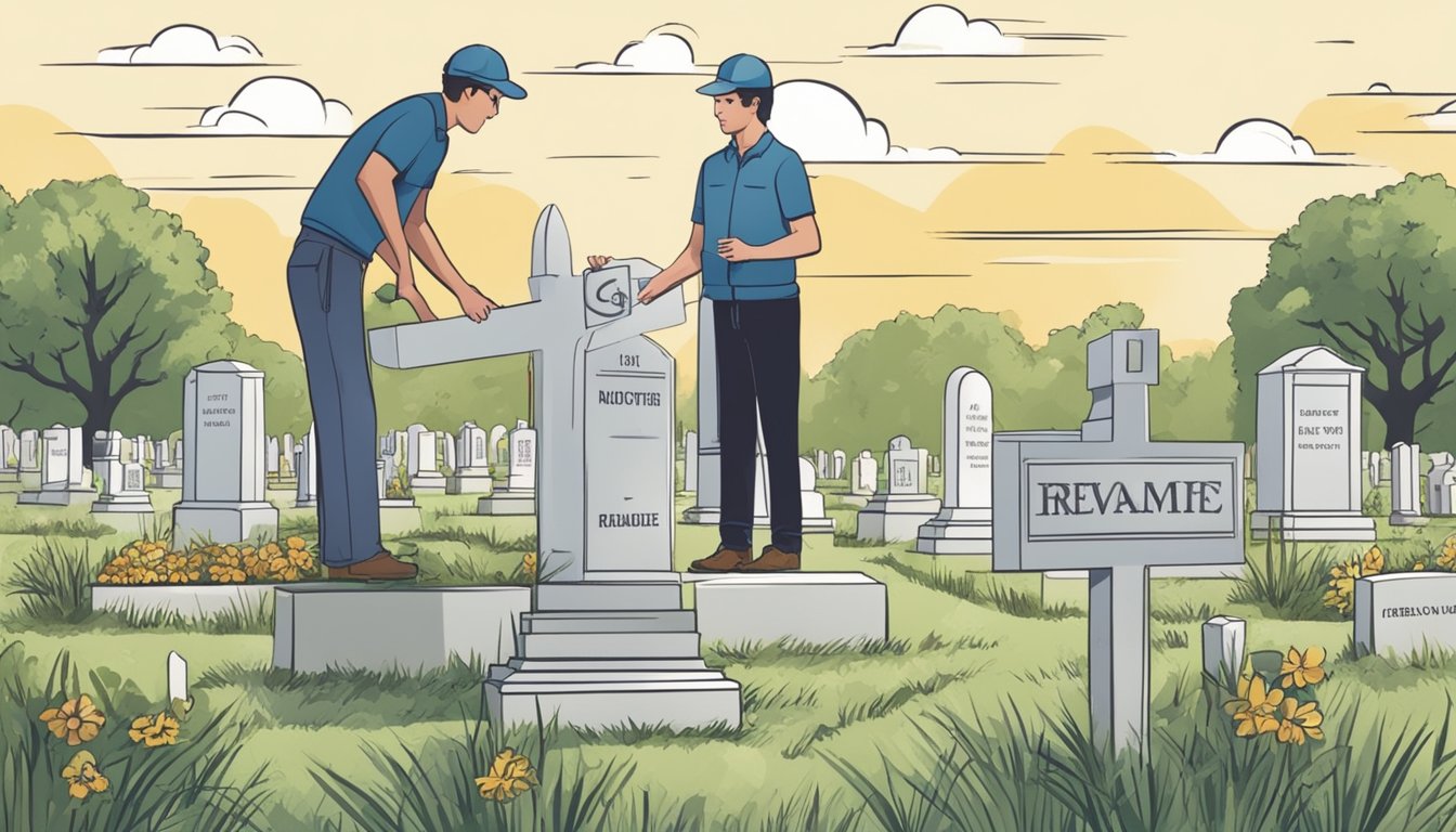 A person standing at a cemetery plot, holding a sign with a new name, while workers replace the old name with the new one