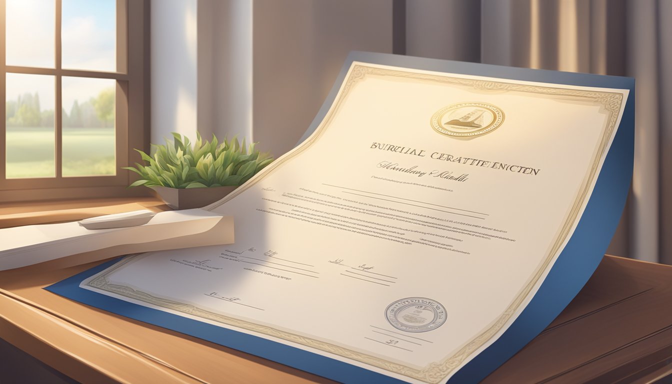 A burial plot certificate being carefully placed on a polished wooden desk, surrounded by soft natural light filtering through a nearby window