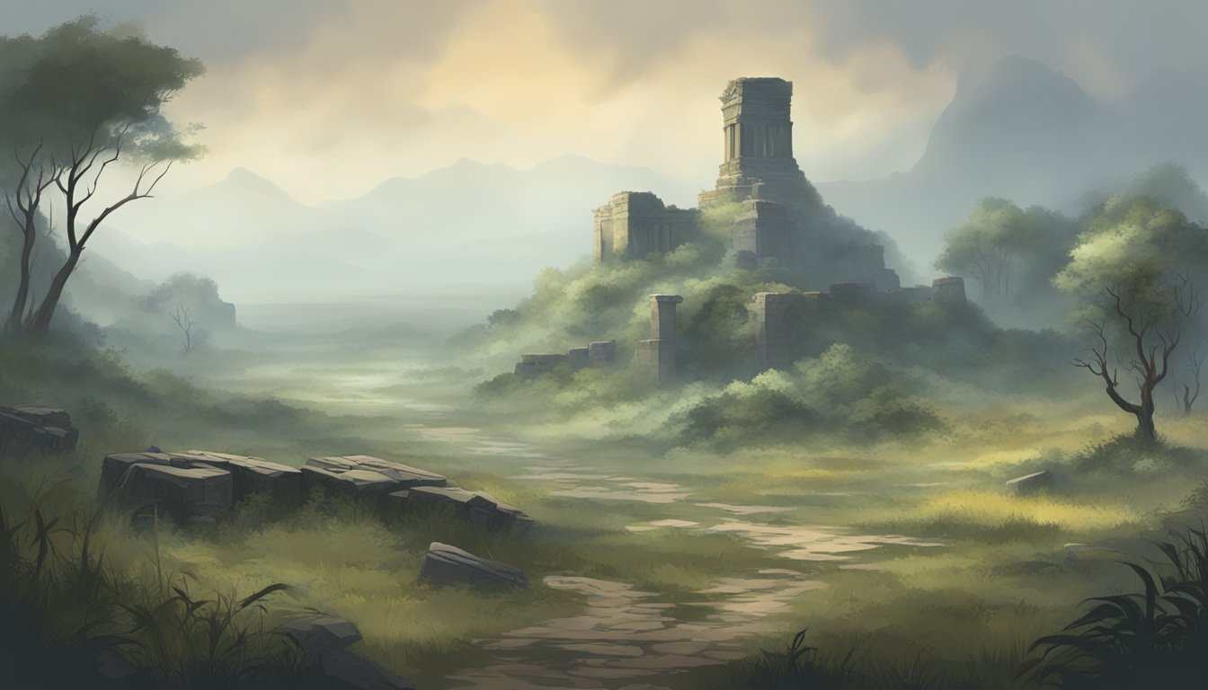 A misty, desolate landscape with ancient ruins and overgrown vegetation, evoking a sense of mystery and forgotten history