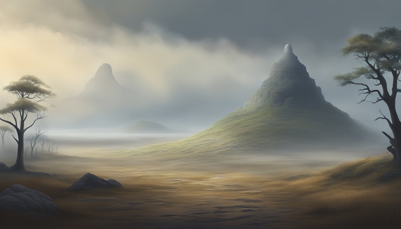 A misty, desolate landscape with a looming, ancient burial mound at its center