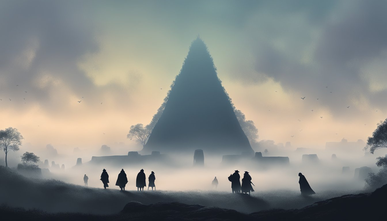 A mysterious, fog-covered landscape with a towering, ancient burial mound at its center. Silhouettes of figures can be seen moving through the mist