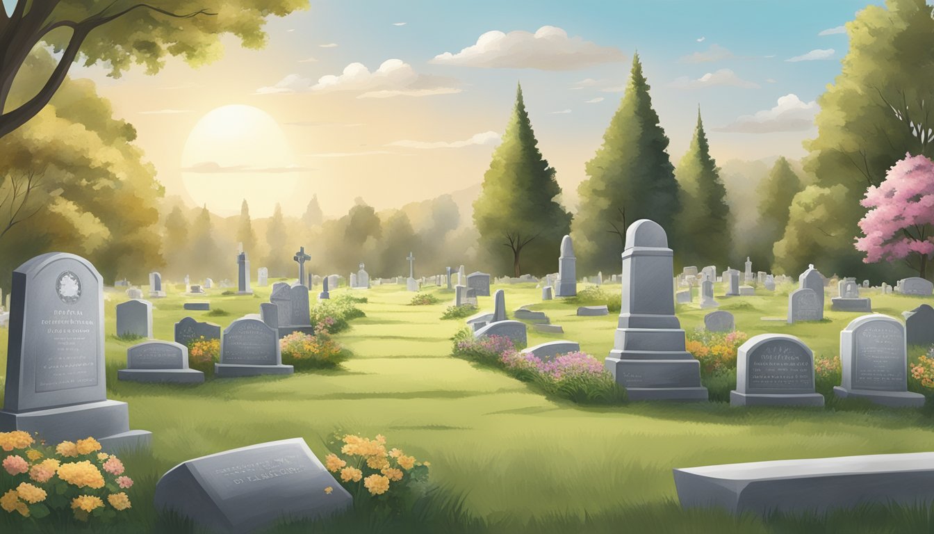 A serene cemetery with a peaceful landscape, gravestones, and a payment plan sign for memorialization and additional burial services