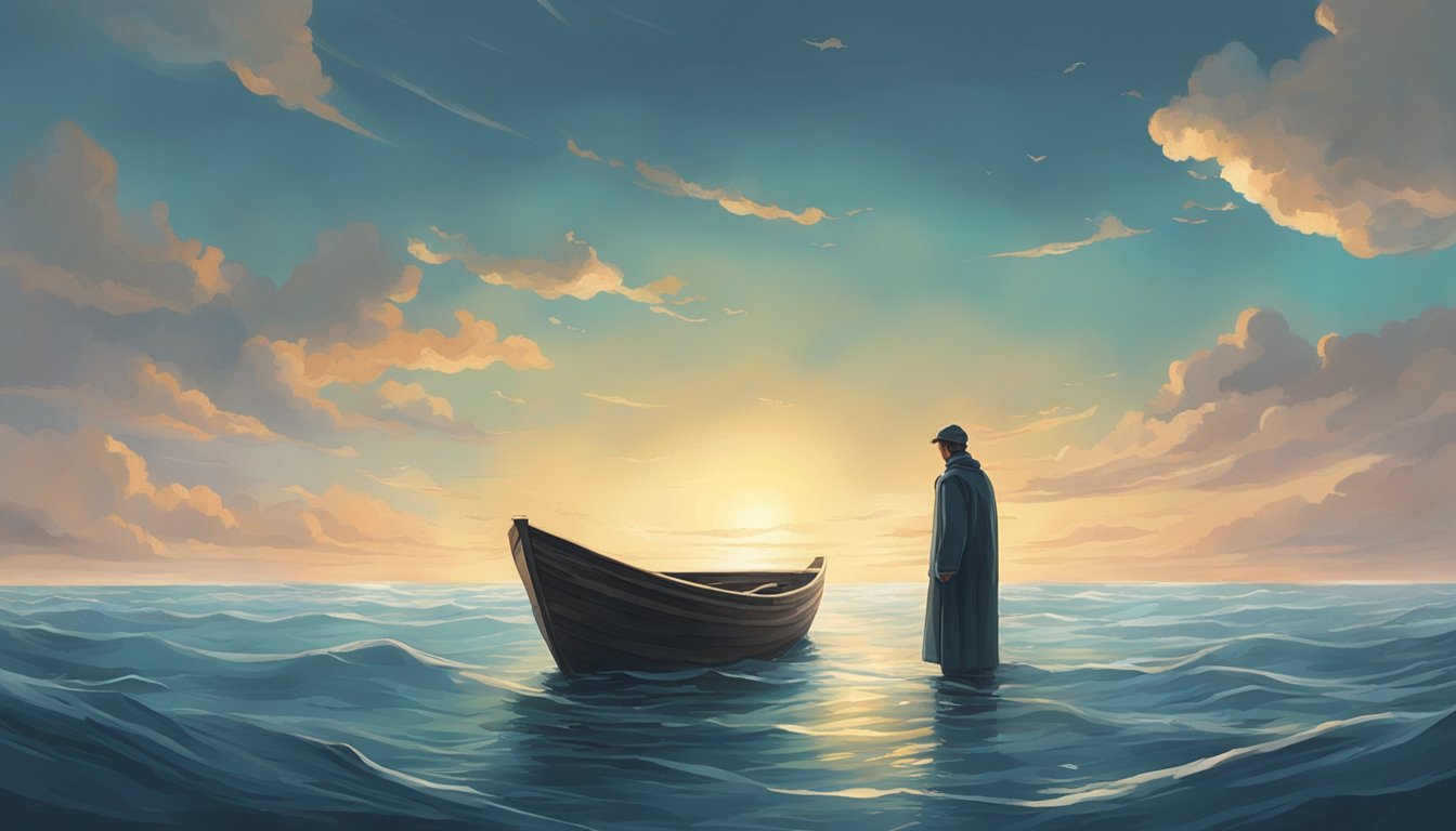 A small boat adrift in the open ocean, with a solemn figure standing at the edge, scattering ashes into the water