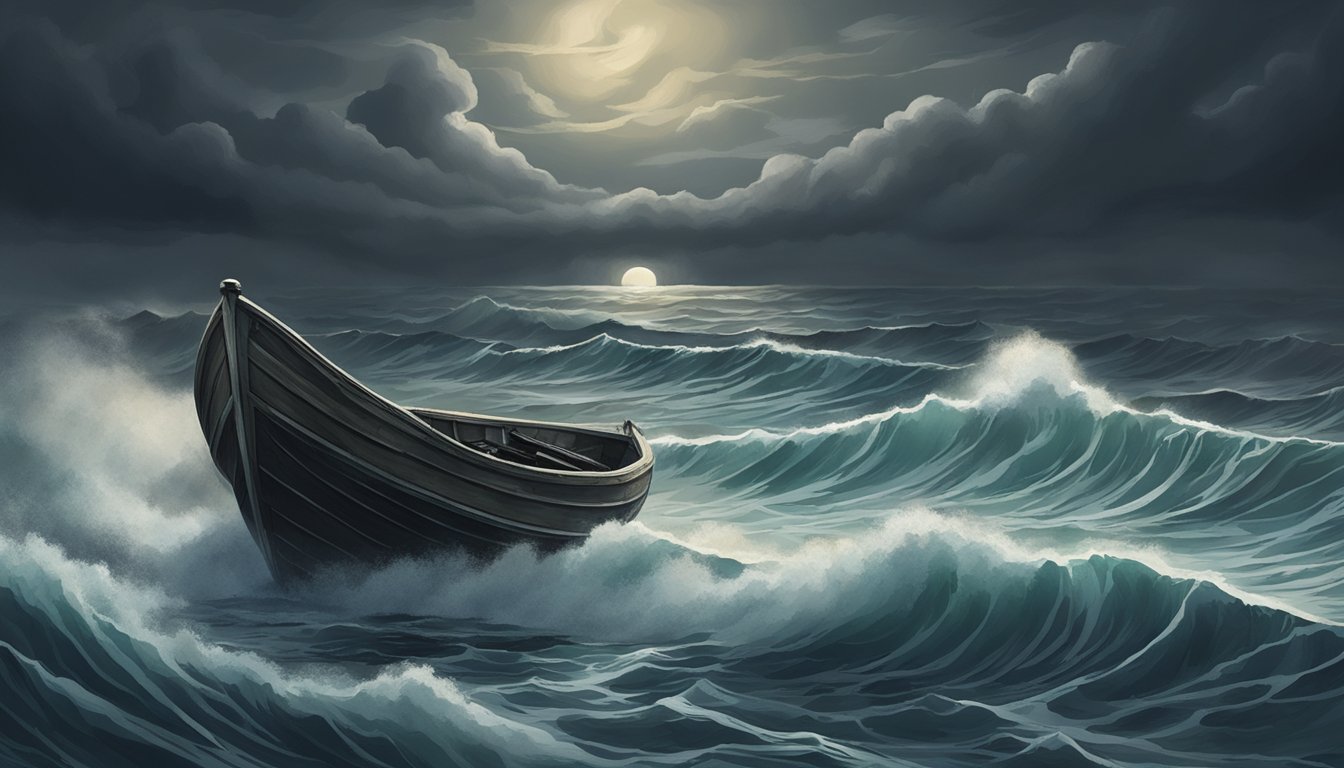 A lone boat drifts on a stormy sea, waves crashing against a mysterious burial site. Dark clouds loom overhead, hinting at hidden plot points