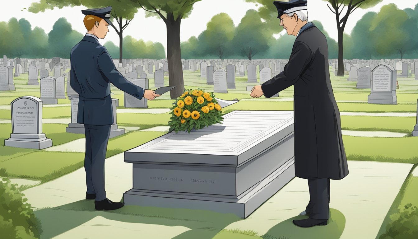 A handover ceremony at a cemetery, with two people exchanging documents. The grave site is marked with a headstone