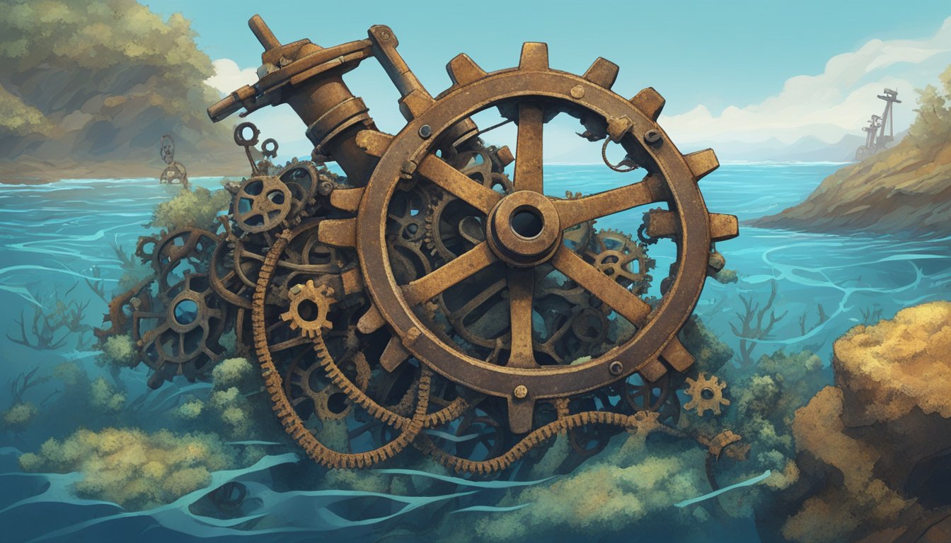 A rusted anchor lies entangled with broken gears on the ocean floor, surrounded by scattered remnants of ancient machinery