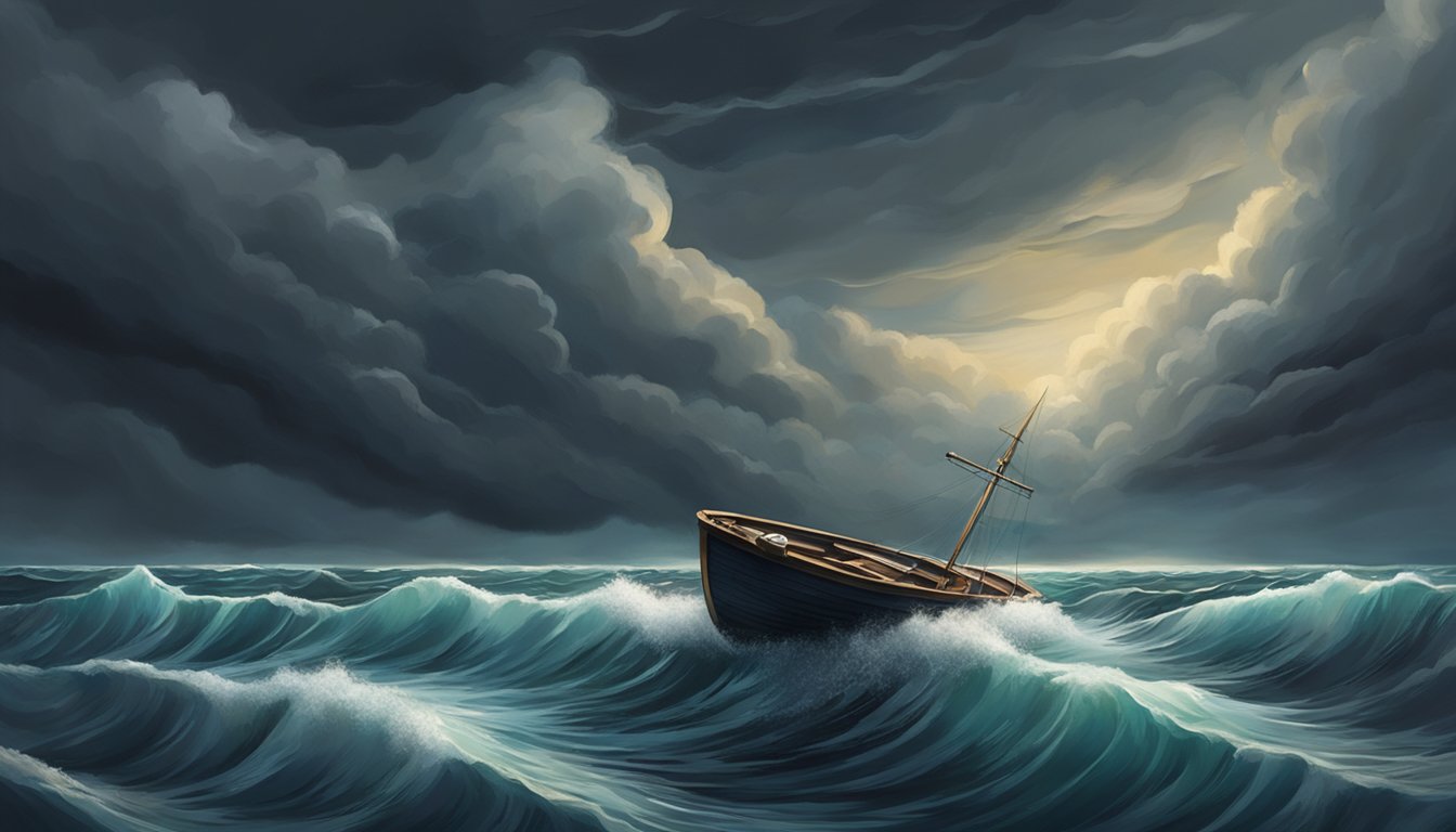 A small boat sinking into the ocean, surrounded by swirling water and dark, ominous clouds overhead