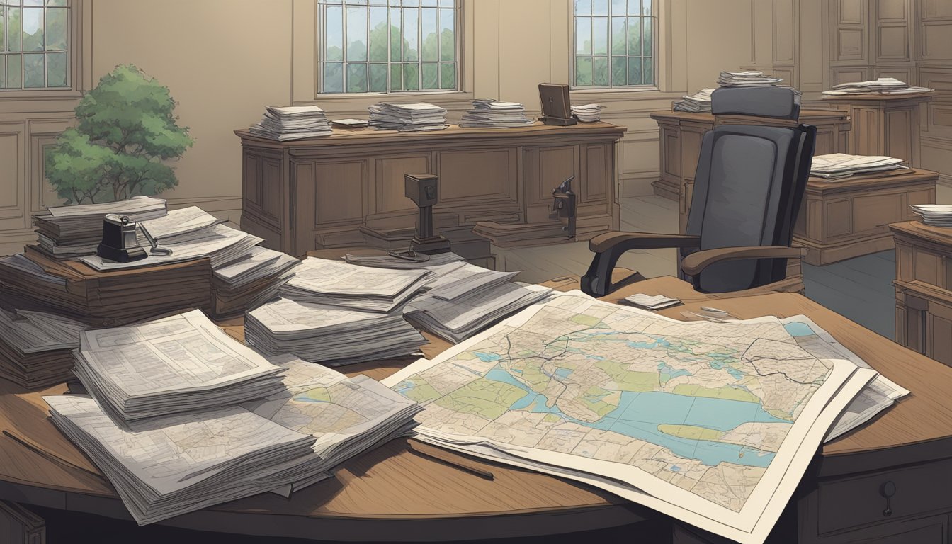 A desk cluttered with legal documents, a pen, and a map of a cemetery