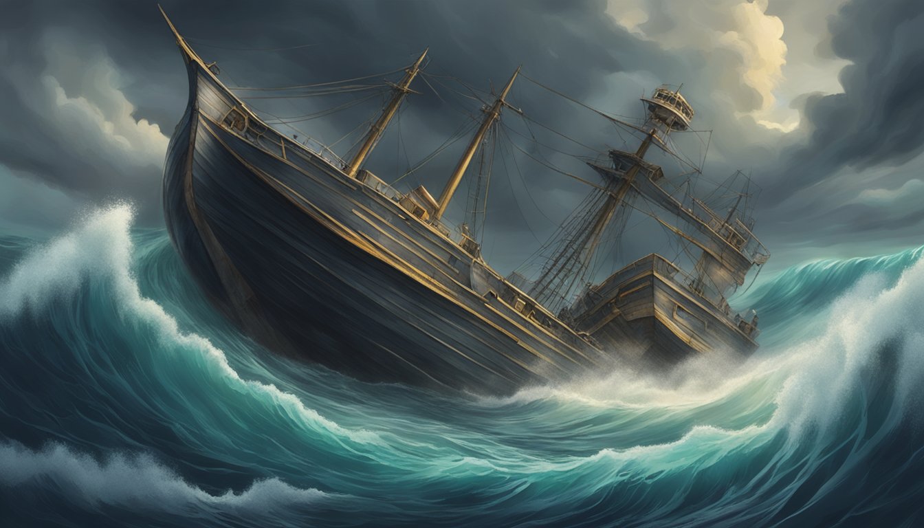 A stormy sea with a shipwrecked vessel sinking into the depths, surrounded by swirling waves and dark clouds