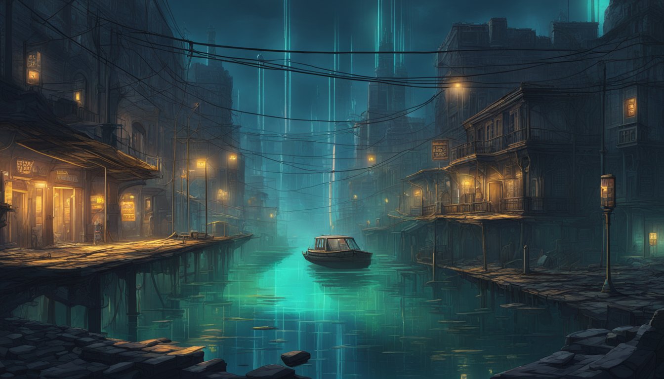 A dark, underwater city with crumbling buildings and eerie, abandoned streets. The glow of neon signs illuminates the murky water, hinting at the mysteries hidden below