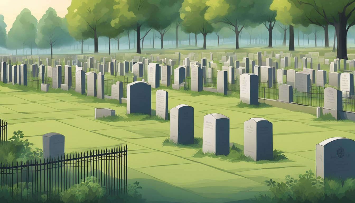 A serene cemetery with neatly arranged burial plots, surrounded by a fence and marked with headstones