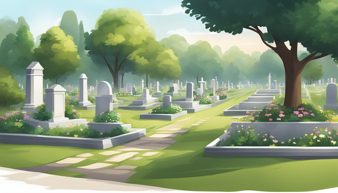 A serene cemetery with neatly maintained burial plots, surrounded by lush greenery and peaceful atmosphere