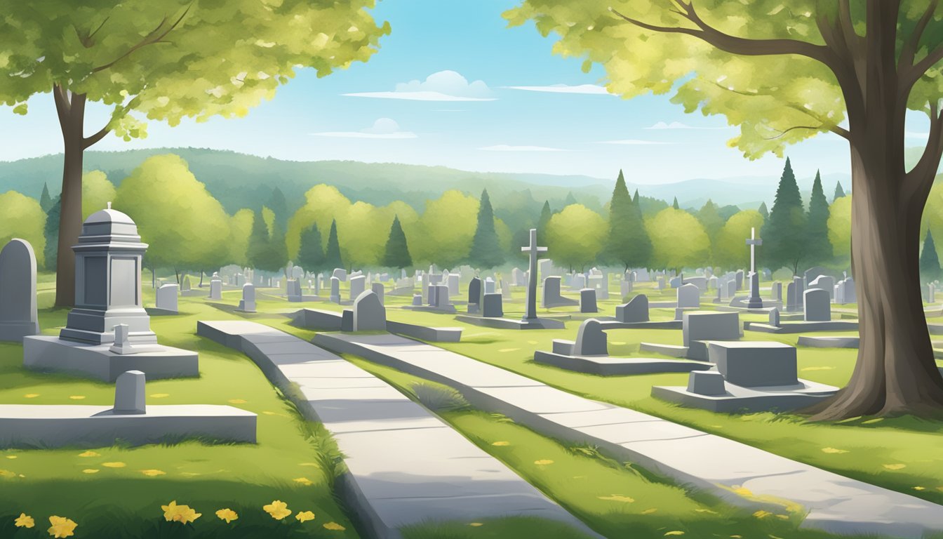 A serene cemetery with a tranquil landscape, featuring a designated area for burial plot exemptions