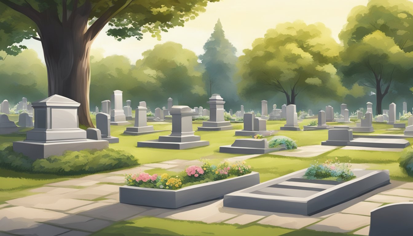 A serene cemetery with a peaceful garden, a mediation table under a large tree, and a burial plot being renewed by two individuals