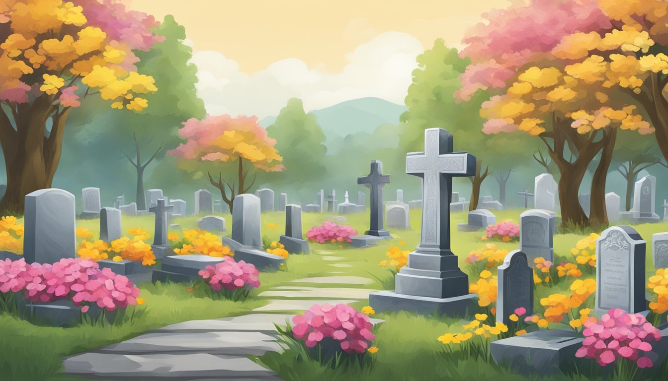 A serene cemetery plot with vibrant flowers and a weathered headstone