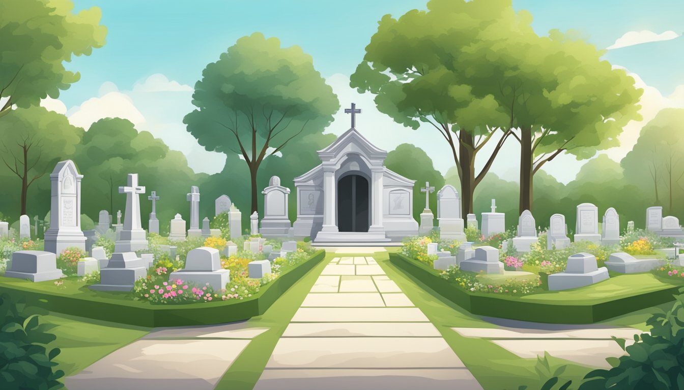 A serene cemetery with neatly arranged burial plots surrounded by lush greenery and marked with elegant headstones