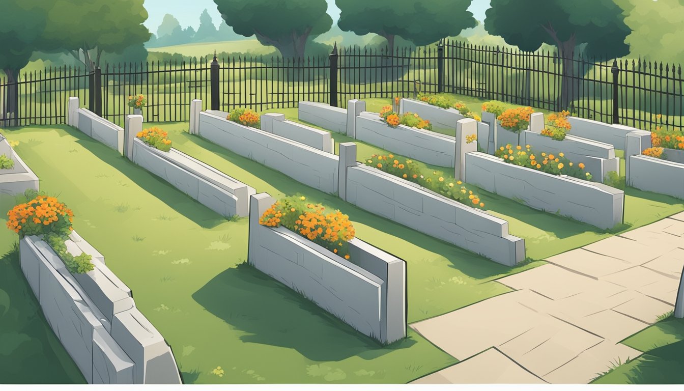 A serene cemetery with neatly arranged burial plots, surrounded by a fence and marked with gravestones