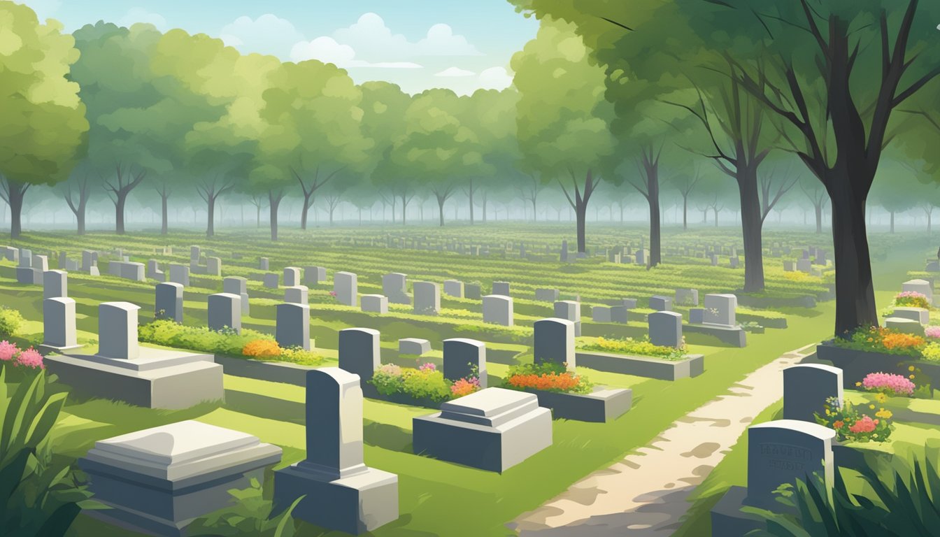 A serene cemetery with rows of burial plots, marked with headstones and surrounded by peaceful greenery