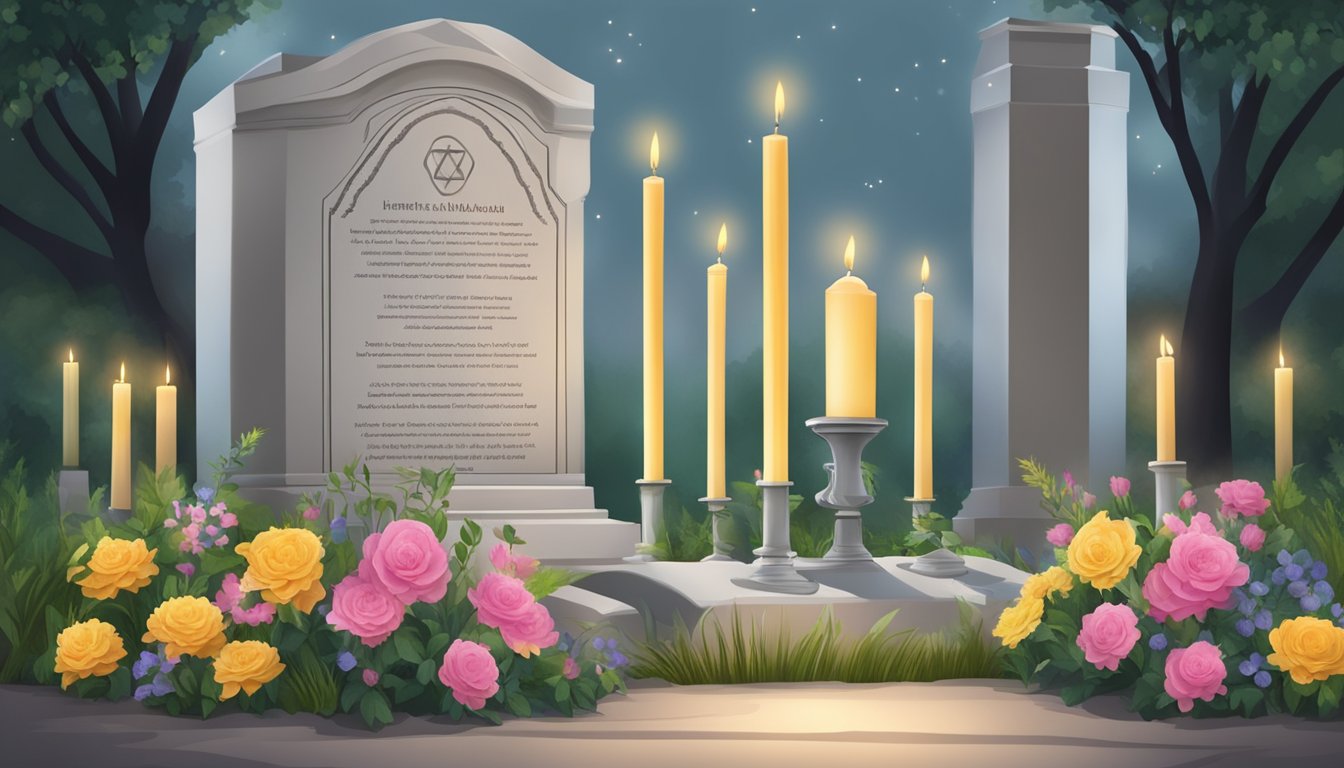 A Jewish burial plot with a headstone, surrounded by flowers and candles