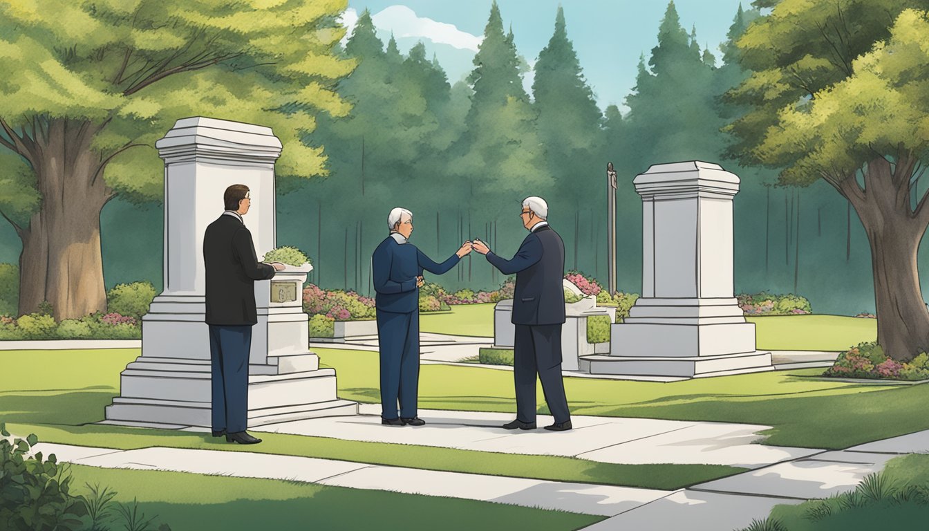 A person handing over payment to a representative at the entrance of a serene forest burial plot at Forest Lawn cemetery