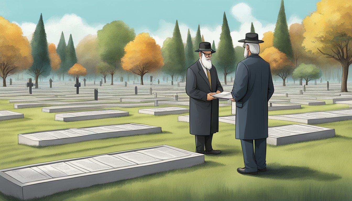 A rabbi and a lawyer discussing paperwork at a cemetery's administrative office, with rows of neatly kept burial plots in the background